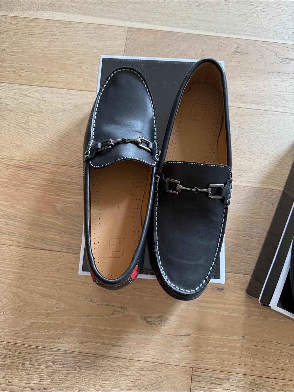 FootJoy Black Leather Bit Loafers with Contrast Stitching